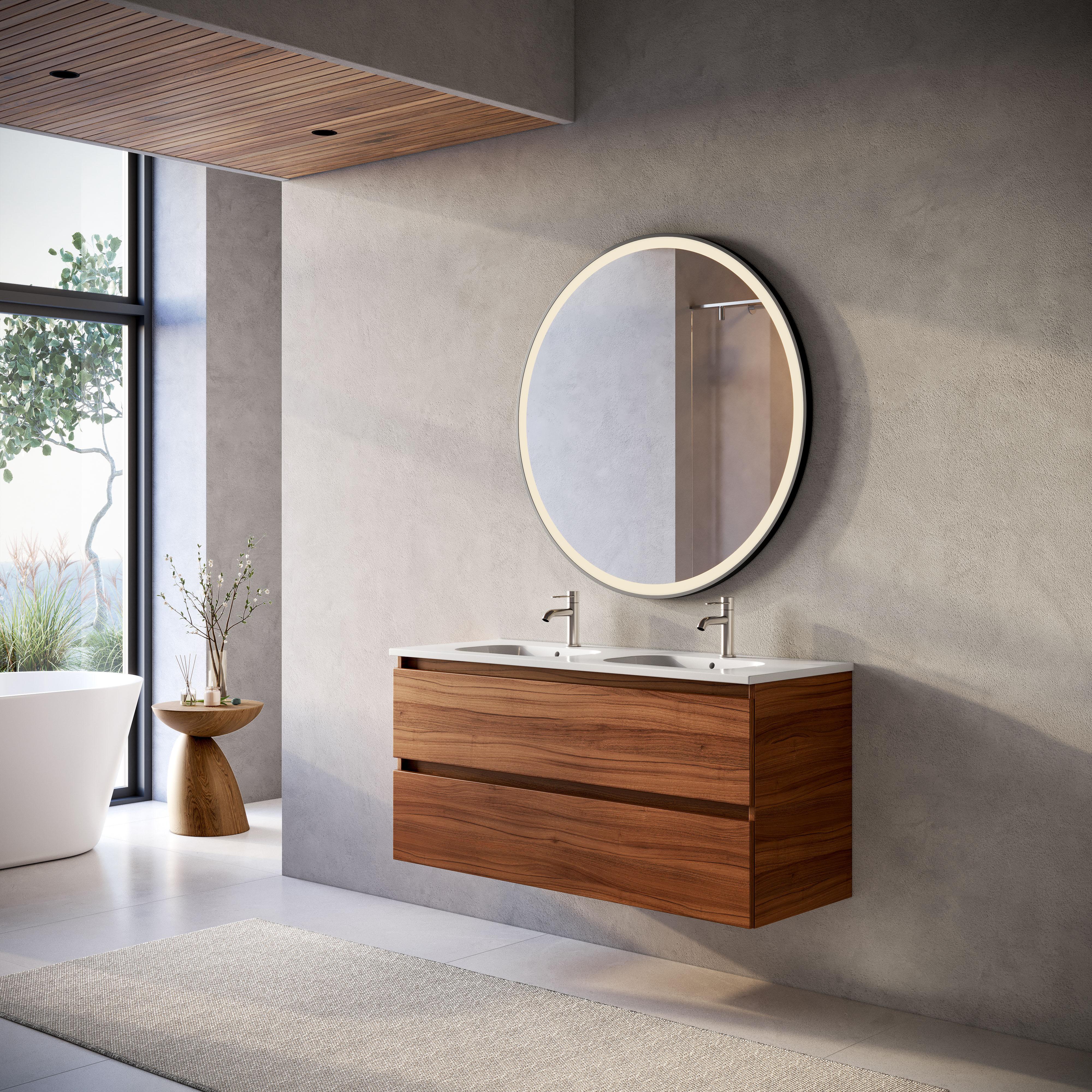 Ratzio — een Moetz badmeubel in donker eiken met ronde led-spiegel